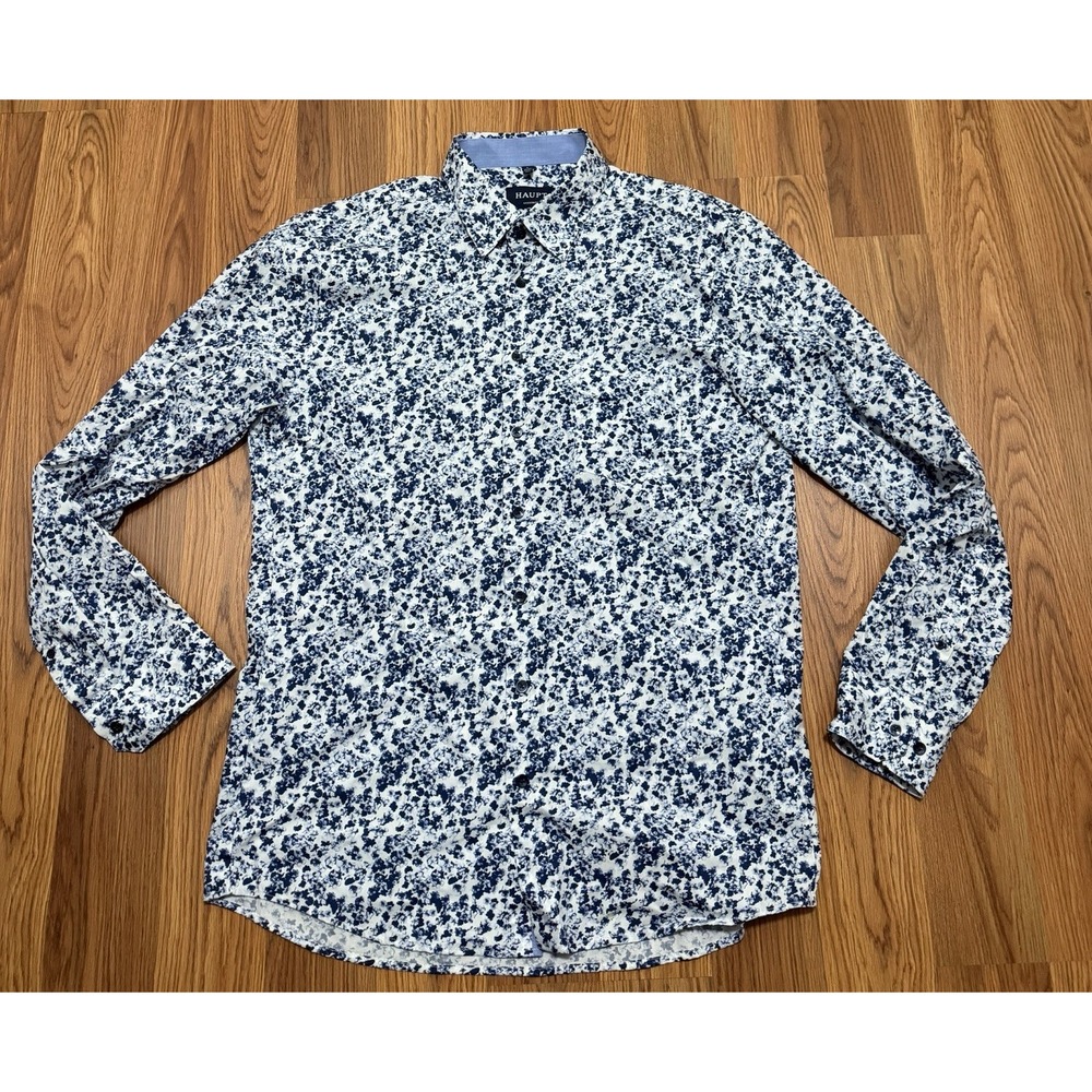 Haupt Floral Print Dress Shirt Mens Large Modern Fit Blue White 16.5 Neck